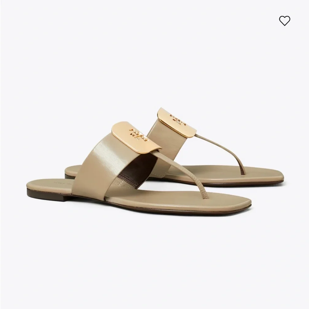 Tory Burch Taupe Georgia Slide Sandals with Gold Emblem